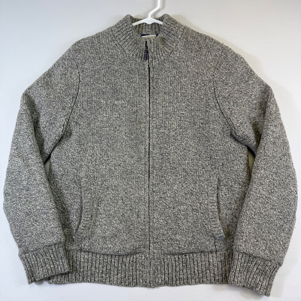 LL Bean Lambswool Ragg Sweater Mens M Gray Full Zip Mock Neck Flannel Lined